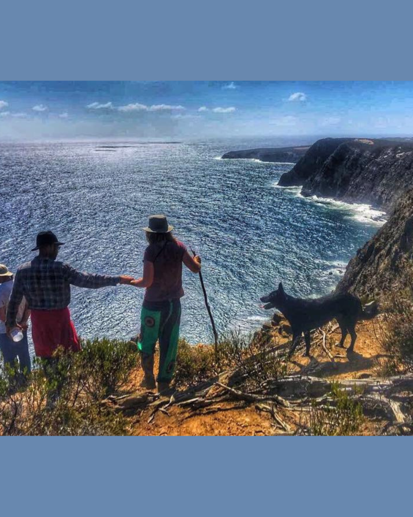 Liluella and 2 other people stand on a cliff looking out over the ocean with her dog
