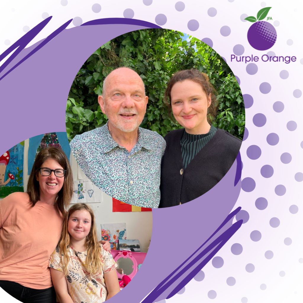Light purple and spotty background. A grey purple misshapen circle with dark purple lines borders a dark purple circle with photos of Mike and Lucilla and Mikaela and Ivy, all smile and are looking at the camera. Mike and Lucilla stand in front of a hedge. Mikaela and Ivy stand in front of a middle school style art board.