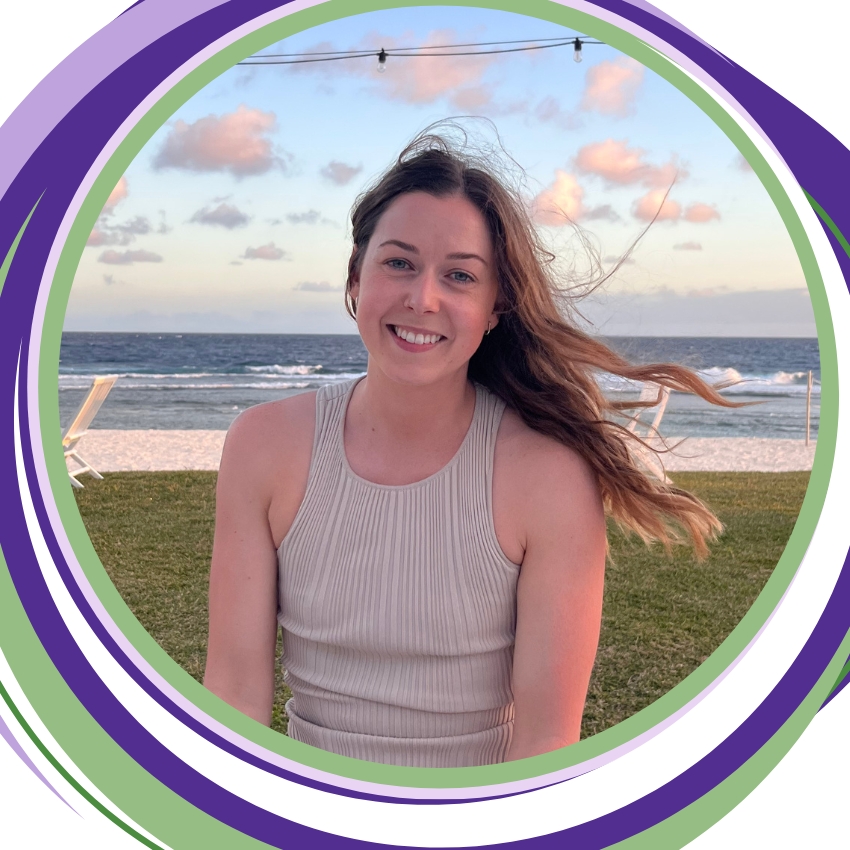 Smiling woman seated by the beach, framed in purple and green circles.