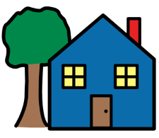 Cartoon drawing of a blue house with a door and two windows, with a tree to the left of the house.