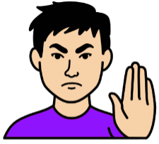 Cartoon drawing of a man in a purple t-shirt holding their hand up with their palm facing forwards.