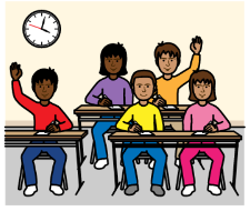 Cartoon drawing of a group of students sitting at their desks, facing forwards. Some have their hands up.