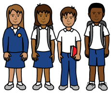 Cartoon drawing of four students standing in a row wearing school uniform.